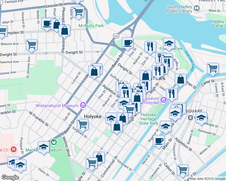 map of restaurants, bars, coffee shops, grocery stores, and more near 177 Walnut Street in Holyoke