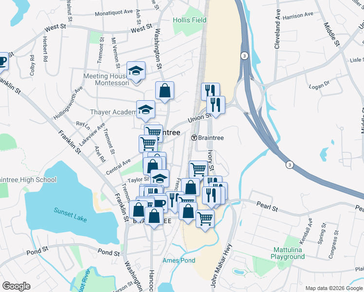 map of restaurants, bars, coffee shops, grocery stores, and more near 90 French Avenue in Braintree