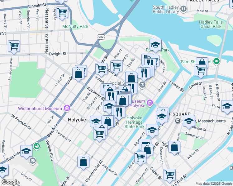 map of restaurants, bars, coffee shops, grocery stores, and more near 98 Suffolk Street in Holyoke