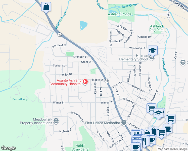 map of restaurants, bars, coffee shops, grocery stores, and more near 135 Maple Street in Ashland