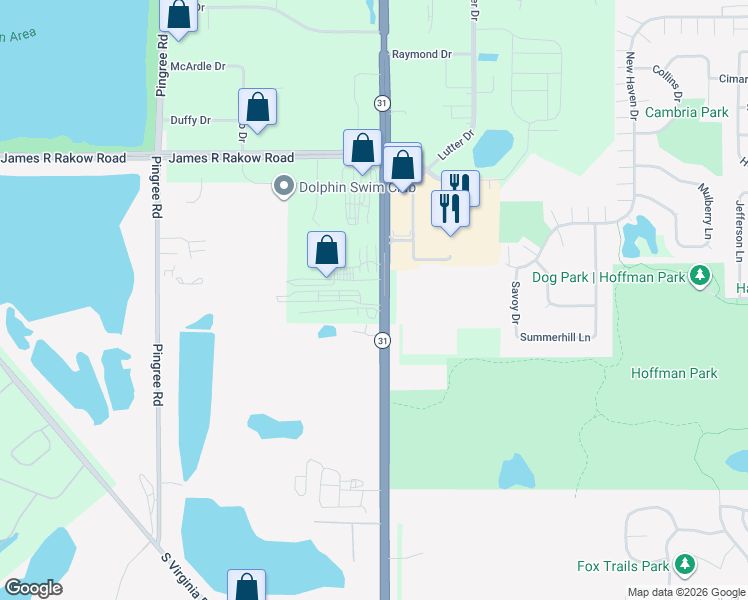 map of restaurants, bars, coffee shops, grocery stores, and more near 8405 State Route 31 in Cary