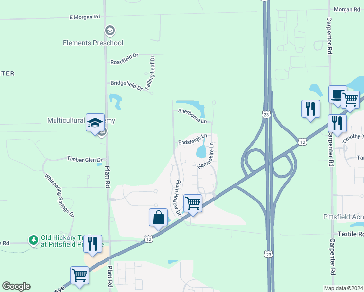 map of restaurants, bars, coffee shops, grocery stores, and more near 3332 Endsleigh Lane in Ypsilanti