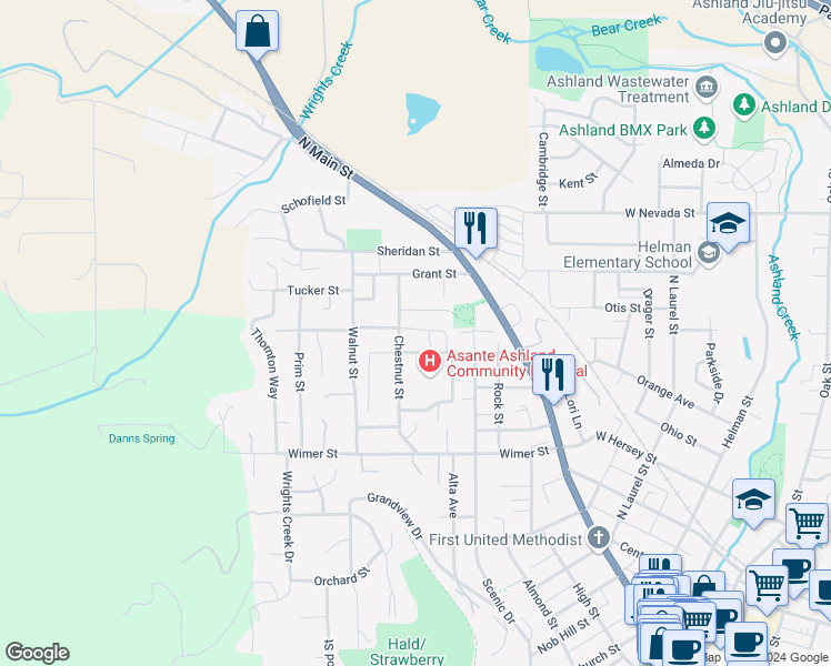 map of restaurants, bars, coffee shops, grocery stores, and more near 610 Chestnut Street in Ashland