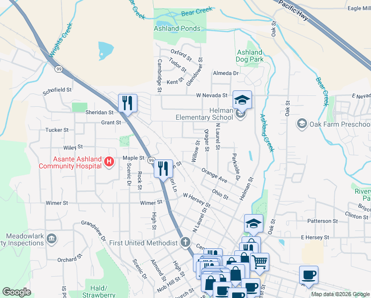 map of restaurants, bars, coffee shops, grocery stores, and more near 453 Willow Street in Ashland