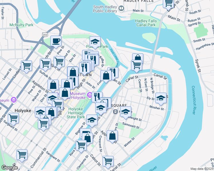 map of restaurants, bars, coffee shops, grocery stores, and more near 4 Open Square Way in Holyoke