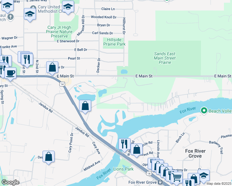 map of restaurants, bars, coffee shops, grocery stores, and more near 1404 Spring Beach Way in Cary