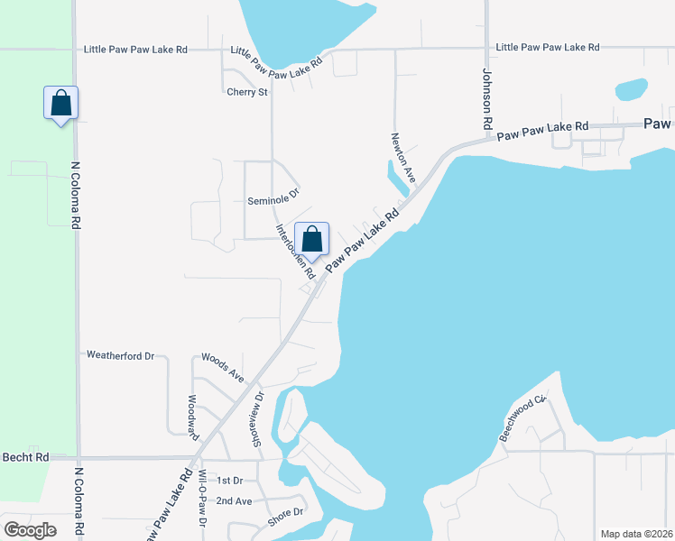 map of restaurants, bars, coffee shops, grocery stores, and more near 5281 Paw Paw Lake Road in Coloma