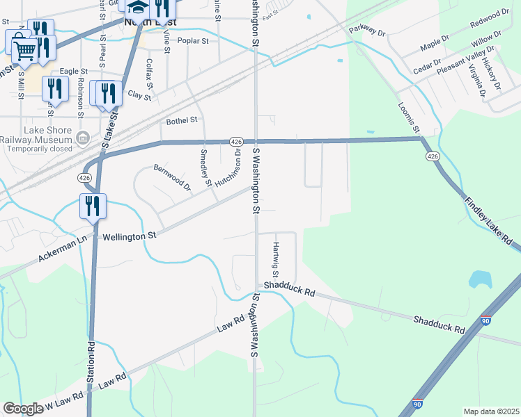 map of restaurants, bars, coffee shops, grocery stores, and more near 242 South Washington Street in North East