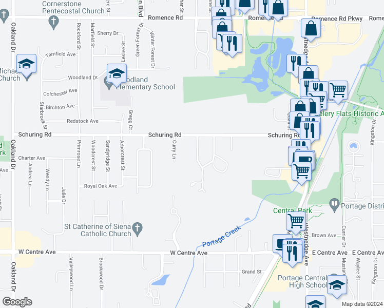 map of restaurants, bars, coffee shops, grocery stores, and more near 7580 Timbercreek Court in Portage