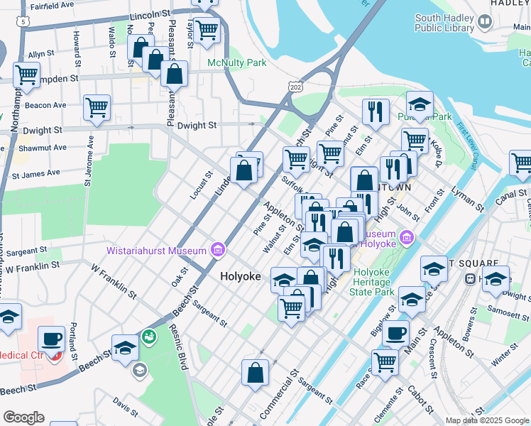 map of restaurants, bars, coffee shops, grocery stores, and more near 197 Pine Street in Holyoke