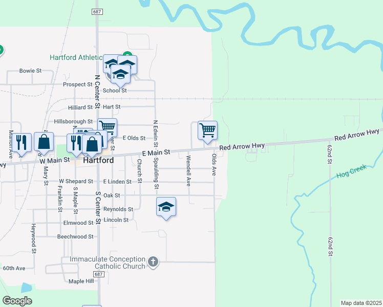map of restaurants, bars, coffee shops, grocery stores, and more near 502 East Main Street in Hartford