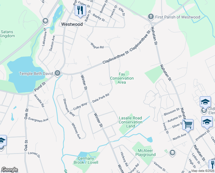 map of restaurants, bars, coffee shops, grocery stores, and more near 16 Delapa Circle in Westwood