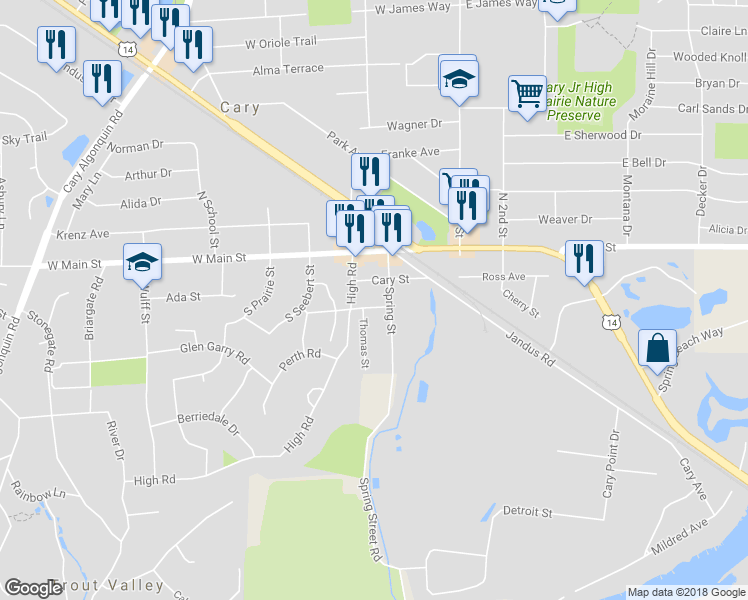 map of restaurants, bars, coffee shops, grocery stores, and more near 116 Charlotte Place in Cary