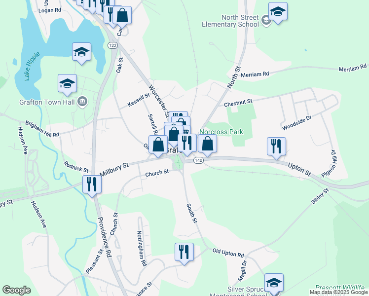 map of restaurants, bars, coffee shops, grocery stores, and more near 3 Grafton Common in Grafton