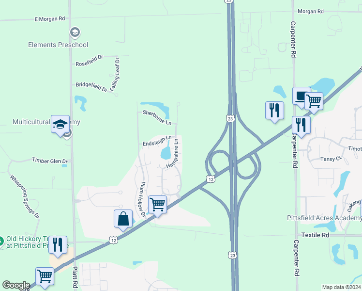 map of restaurants, bars, coffee shops, grocery stores, and more near 5605 Hampshire Lane in Ypsilanti