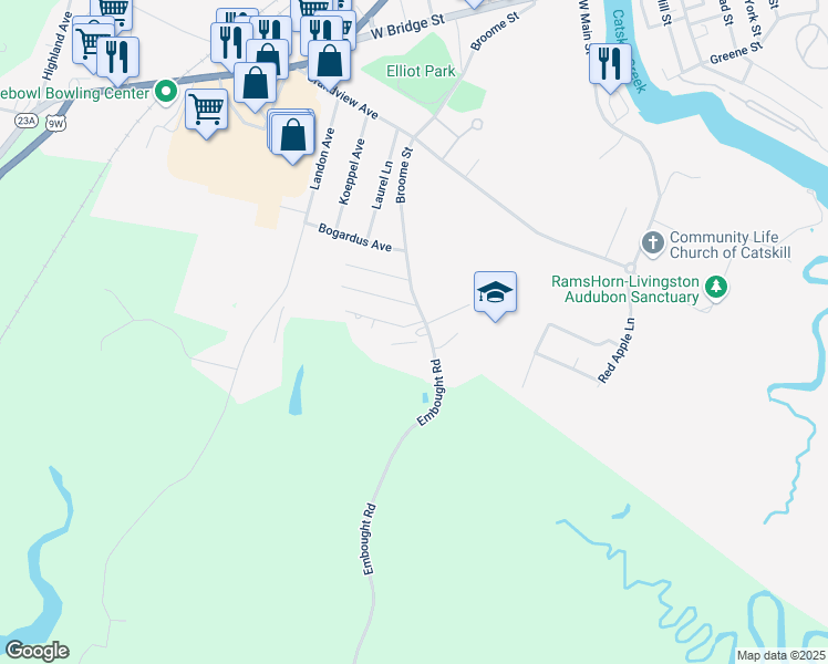 map of restaurants, bars, coffee shops, grocery stores, and more near 280 Broome St in Catskill