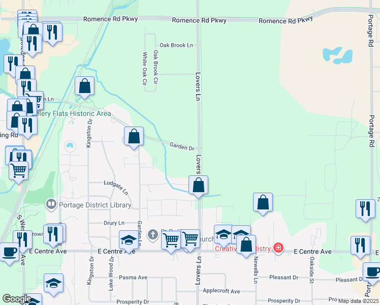 map of restaurants, bars, coffee shops, grocery stores, and more near 7334 Lovers Lane in Kalamazoo