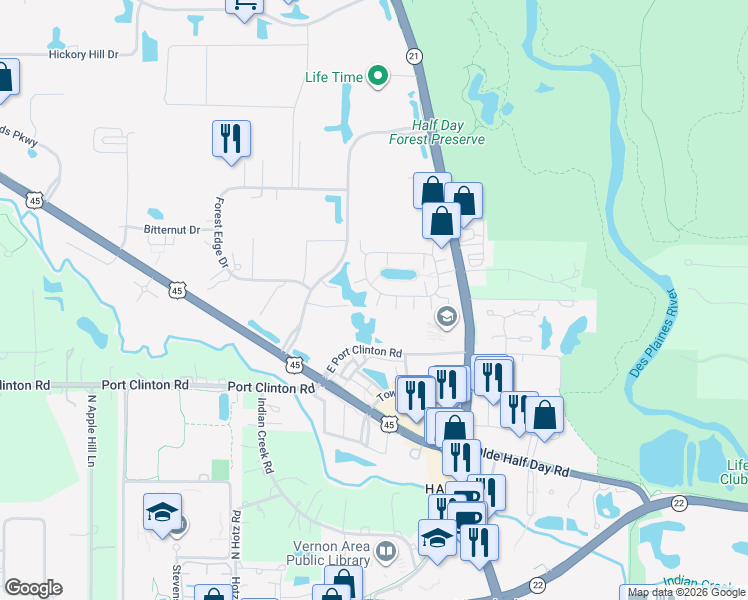 map of restaurants, bars, coffee shops, grocery stores, and more near 1220 Georgetown Way in Vernon Hills