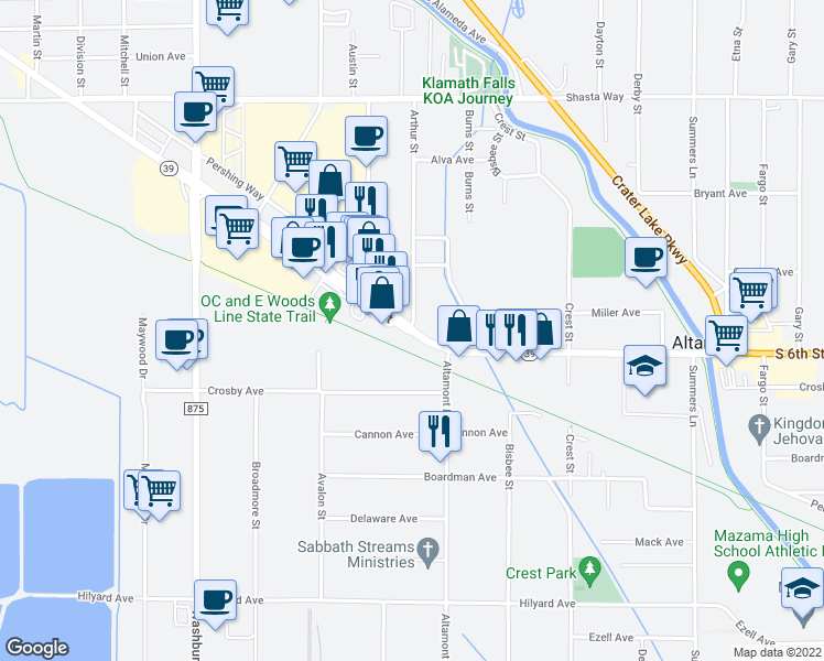 map of restaurants, bars, coffee shops, grocery stores, and more near S 6th St & Arthur St in Klamath Falls
