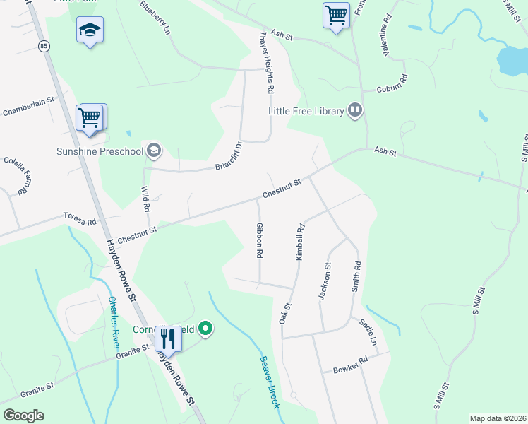 map of restaurants, bars, coffee shops, grocery stores, and more near 3 Gibbon Road in Hopkinton