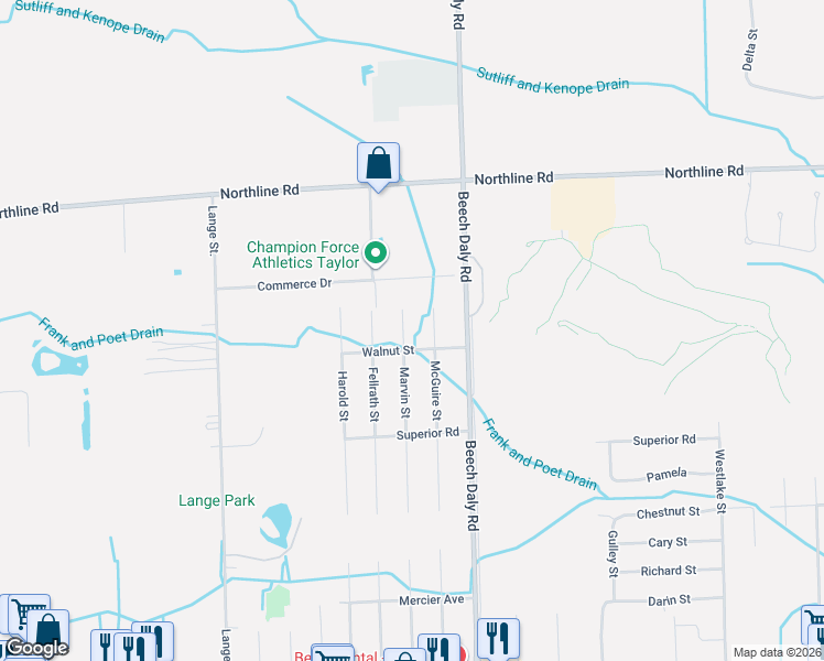map of restaurants, bars, coffee shops, grocery stores, and more near 13540 Marvin Street in Taylor