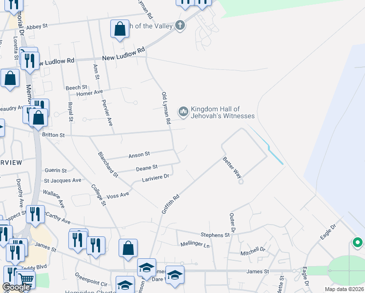 map of restaurants, bars, coffee shops, grocery stores, and more near 27 Landing Drive in Chicopee