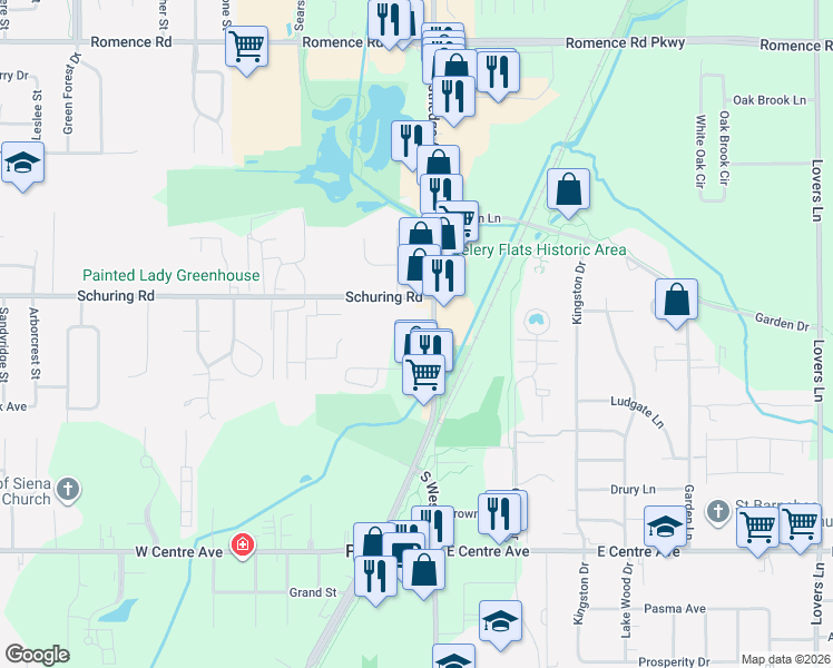 map of restaurants, bars, coffee shops, grocery stores, and more near 7540 South Westnedge Avenue in Portage