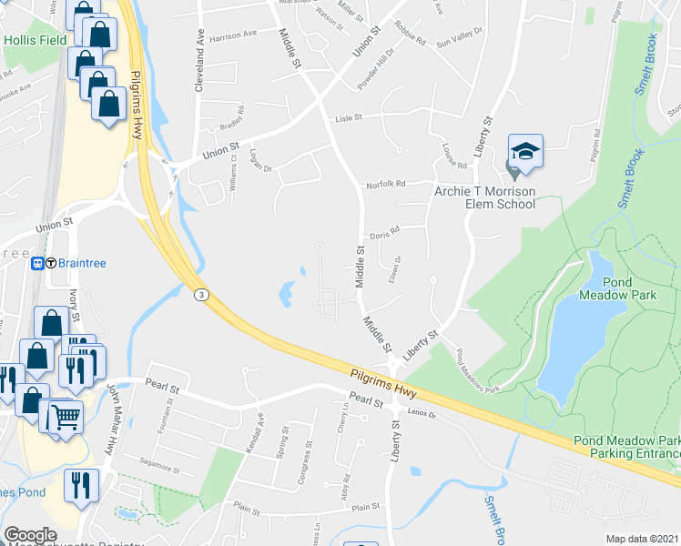 map of restaurants, bars, coffee shops, grocery stores, and more near 10 Marinelli Court in Braintree
