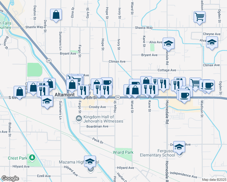 map of restaurants, bars, coffee shops, grocery stores, and more near 4705 South 6th Street in Klamath Falls