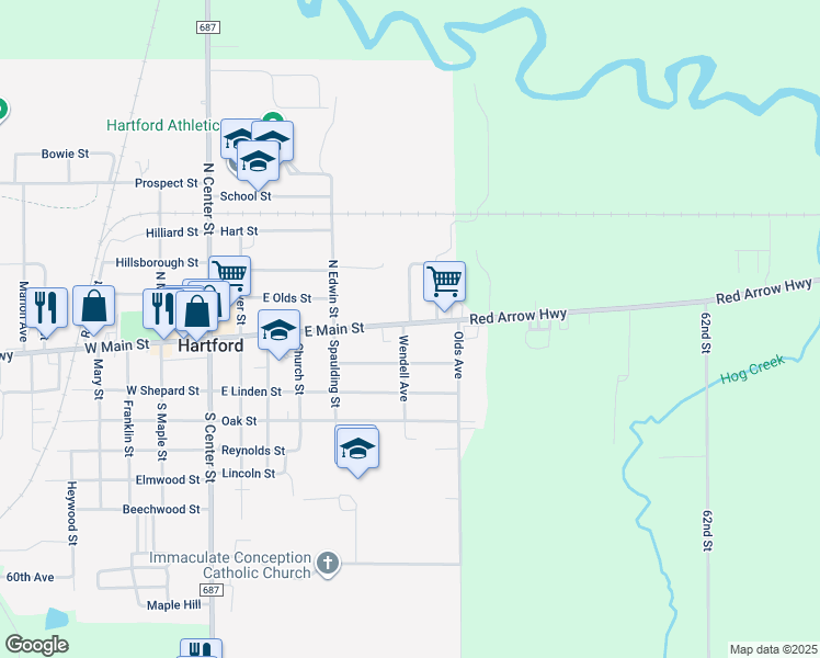 map of restaurants, bars, coffee shops, grocery stores, and more near 502 East Main Street in Hartford