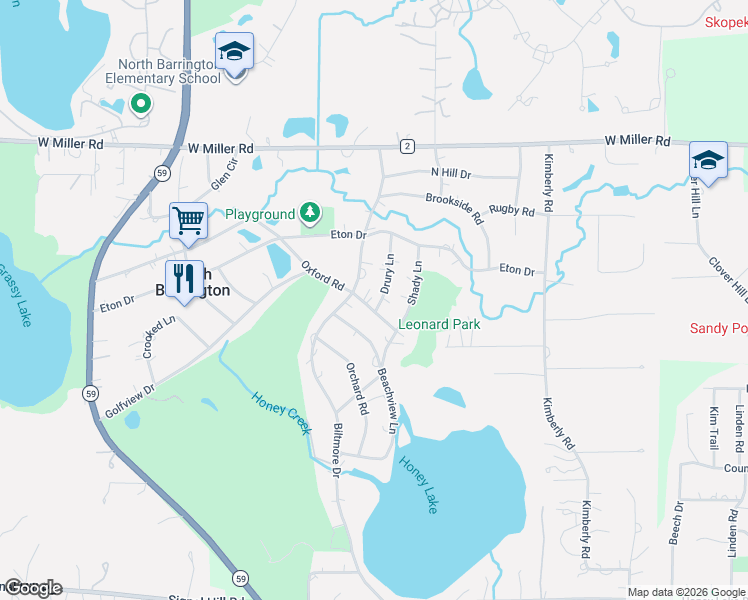 map of restaurants, bars, coffee shops, grocery stores, and more near 450 Shady Lane in Barrington