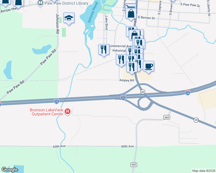 map of restaurants, bars, coffee shops, grocery stores, and more near in Paw Paw