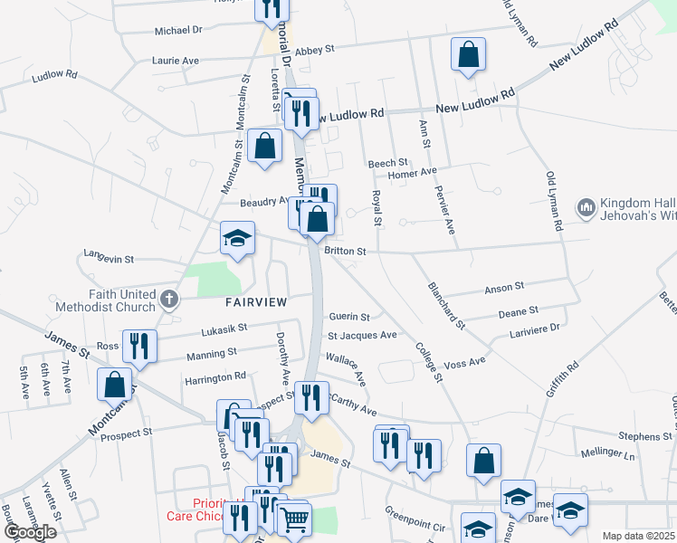 map of restaurants, bars, coffee shops, grocery stores, and more near 29 College Street in Chicopee