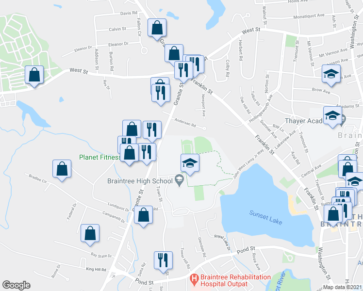 map of restaurants, bars, coffee shops, grocery stores, and more near 684 Granite St in Braintree