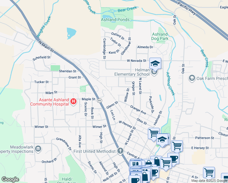 map of restaurants, bars, coffee shops, grocery stores, and more near 378 Otis Street in Ashland