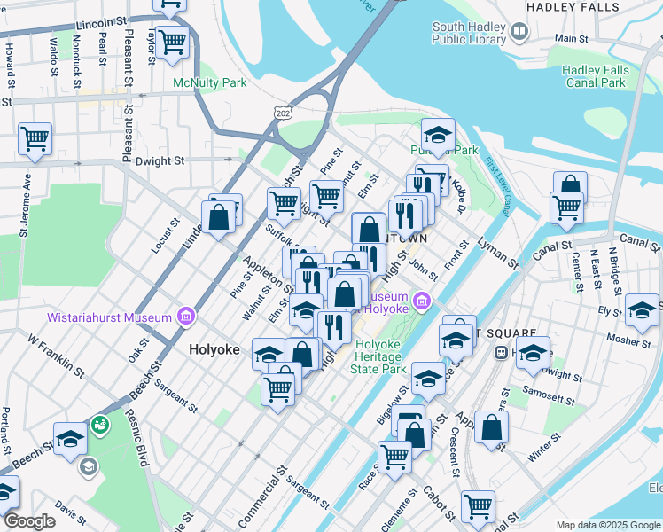 map of restaurants, bars, coffee shops, grocery stores, and more near 99 Suffolk Street in Holyoke