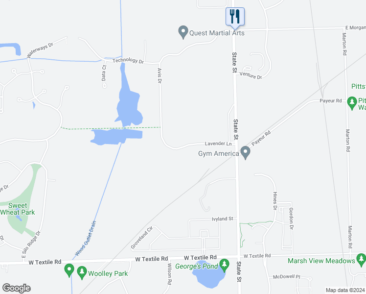 map of restaurants, bars, coffee shops, grocery stores, and more near 1465 Lavender Lane in Ann Arbor