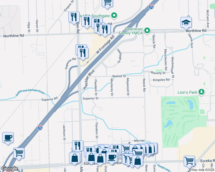 map of restaurants, bars, coffee shops, grocery stores, and more near 13780 Monterey Street in Southgate