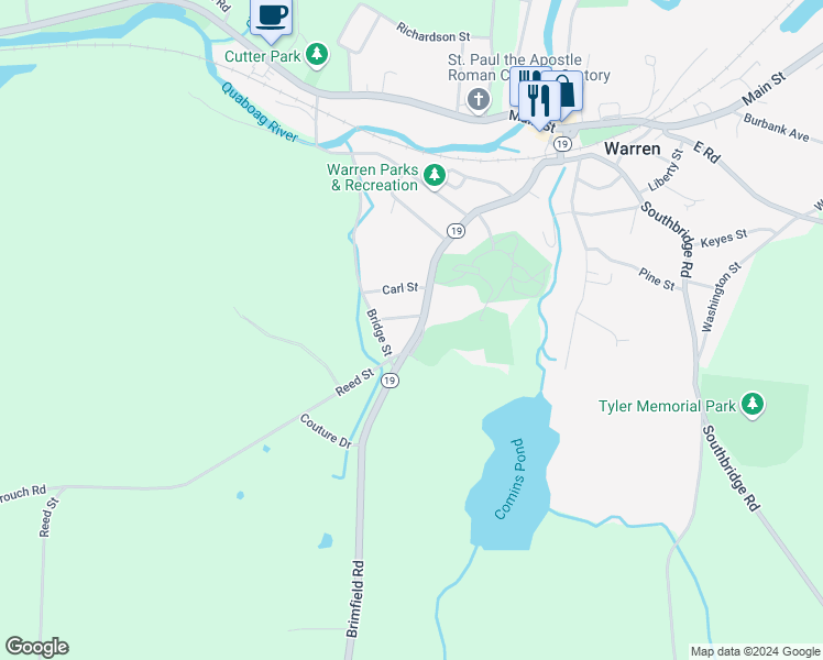 map of restaurants, bars, coffee shops, grocery stores, and more near 7 Ramsdell Street in West Brookfield