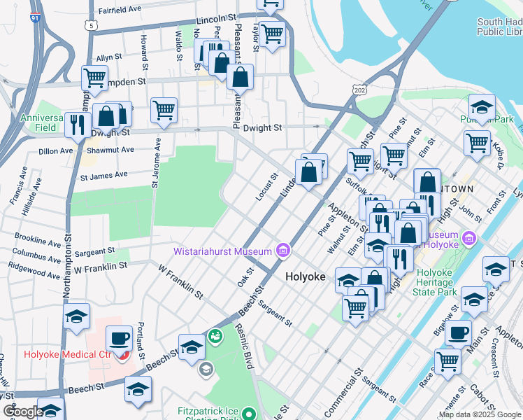 map of restaurants, bars, coffee shops, grocery stores, and more near 279 Cabot Street in Holyoke