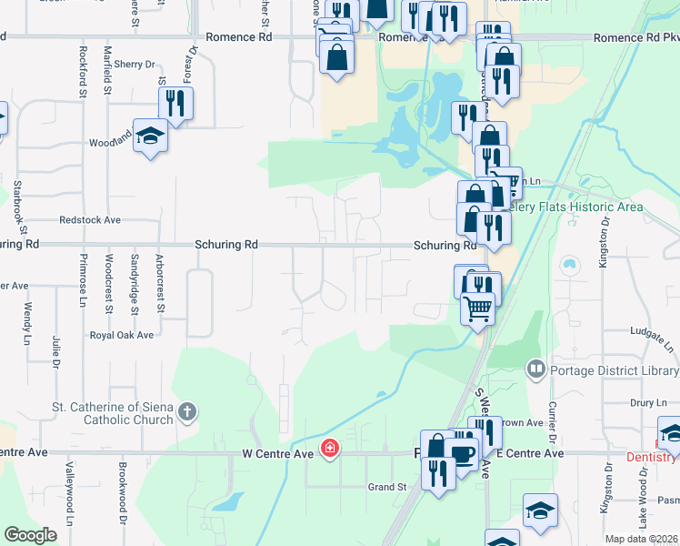 map of restaurants, bars, coffee shops, grocery stores, and more near 7640 Whispering Brook Drive in Portage