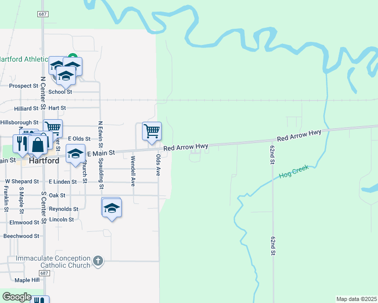 map of restaurants, bars, coffee shops, grocery stores, and more near 62881-62893 Red Arrow Highway in Hartford