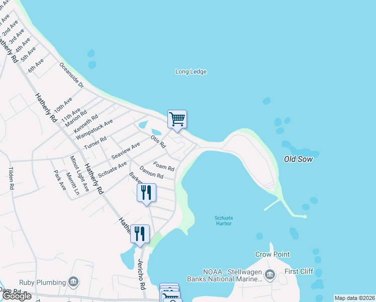 map of restaurants, bars, coffee shops, grocery stores, and more near 148 Jericho Road in Scituate