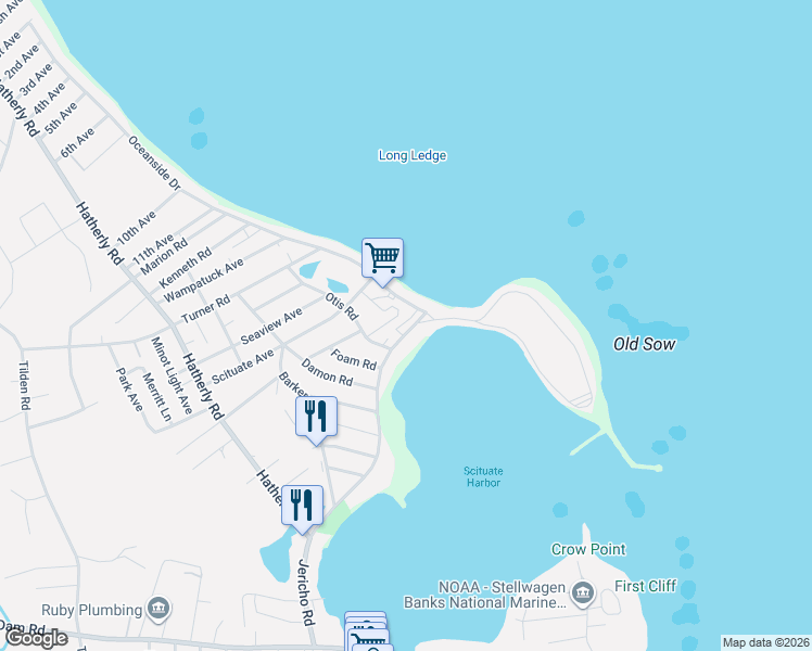 map of restaurants, bars, coffee shops, grocery stores, and more near 153 Jericho Road in Scituate