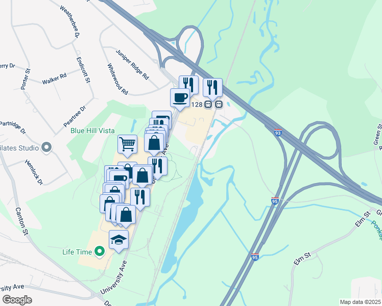 map of restaurants, bars, coffee shops, grocery stores, and more near 130 Bridges Drive in Westwood