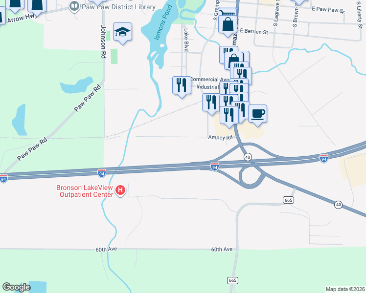 map of restaurants, bars, coffee shops, grocery stores, and more near in Paw Paw