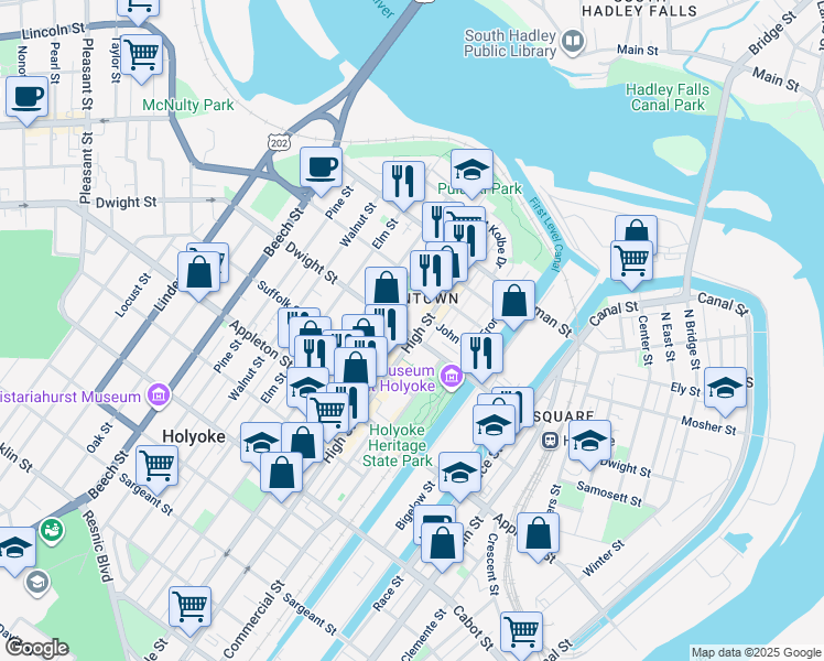 map of restaurants, bars, coffee shops, grocery stores, and more near in Holyoke