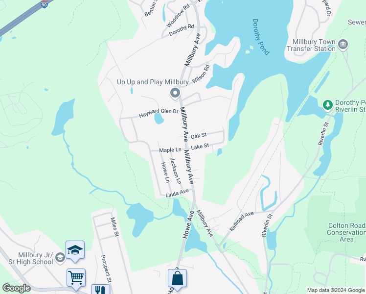 map of restaurants, bars, coffee shops, grocery stores, and more near 121 Millbury Avenue in Millbury