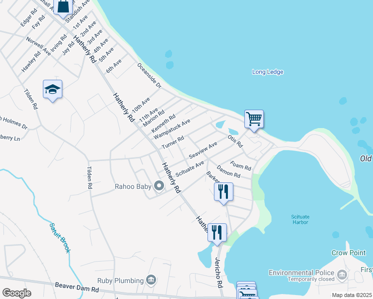 map of restaurants, bars, coffee shops, grocery stores, and more near 80 Seabreeze Lane in Scituate