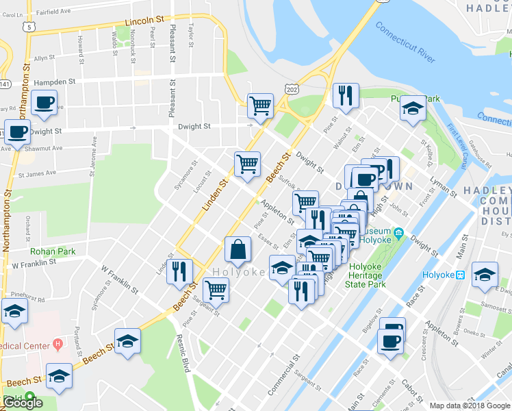 map of restaurants, bars, coffee shops, grocery stores, and more near 186 Beech Street in Holyoke